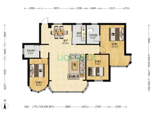 泰发大厦 3室1厅2卫 115平方