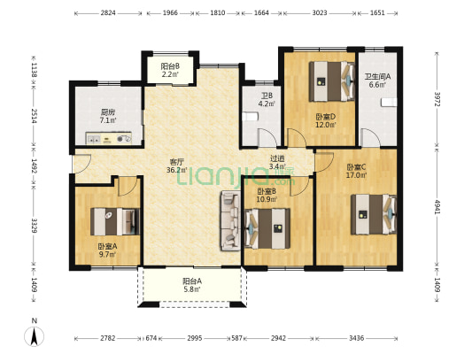 环线旁 次新小区 带屋顶花园 看公园大平层  没住过人-户型图