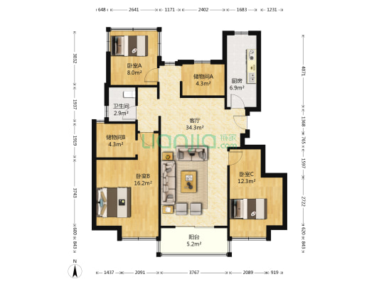 世茂荣里二期 3室1厅1卫 113平方