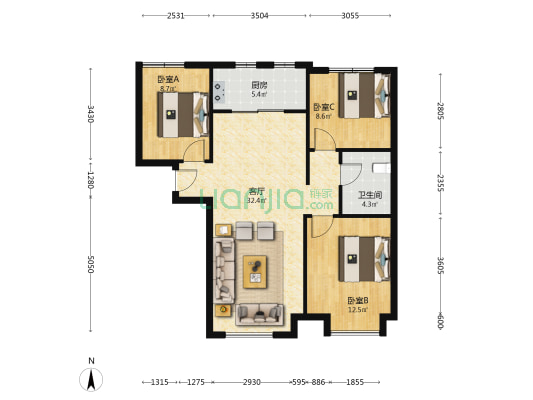 本房是经典的南北通透的三居室，精装修拎包入住，-户型图