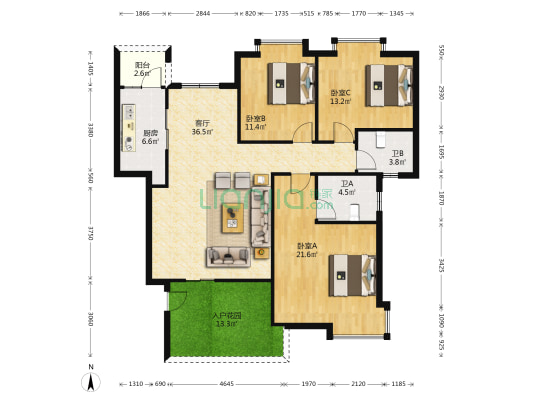 文华花园 3室1厅2卫 133平方
