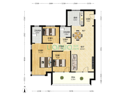 北岸雅居 3室1厅2卫 114平方