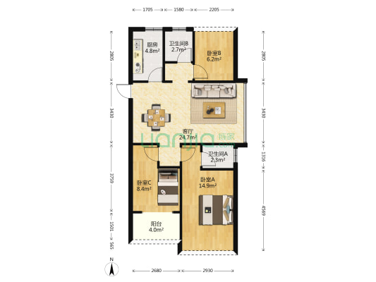 牧川•智汇公馆 3室1厅2卫 85平方