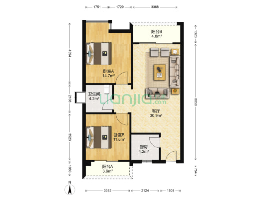 三清园 2室1厅1卫 87平方