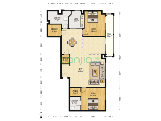 瑞安大厦 2室1厅2卫 166平方