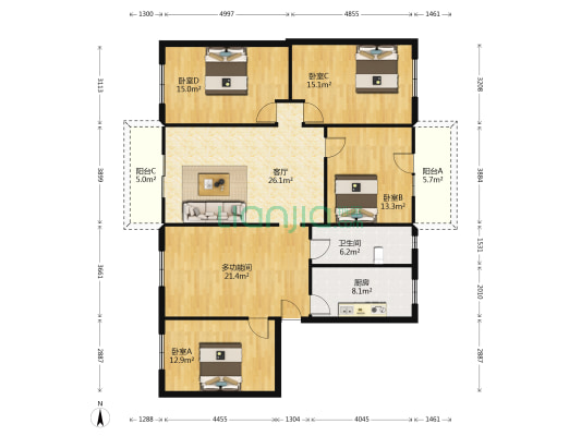 桃花公寓 5室1厅1卫 130平方