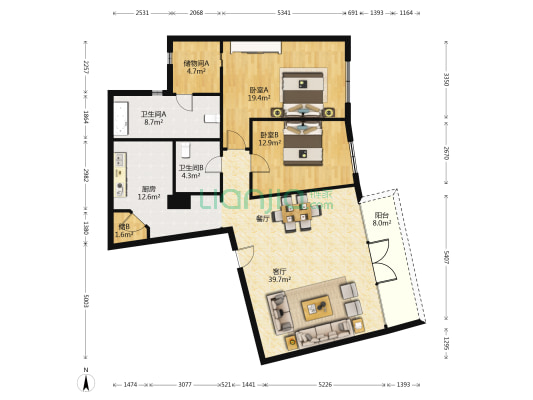 芝大厦 2室1厅2卫 166平方
