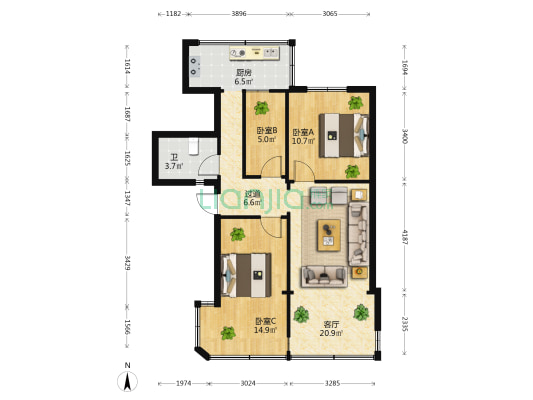 林钢二号院 3室1厅1卫 68平方