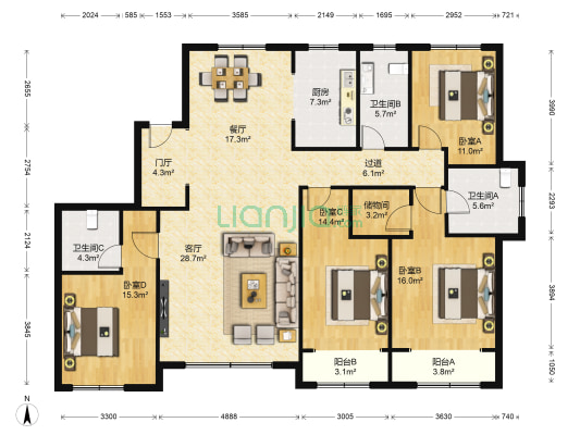 绿城紫薇园 4室2厅3卫 188平方