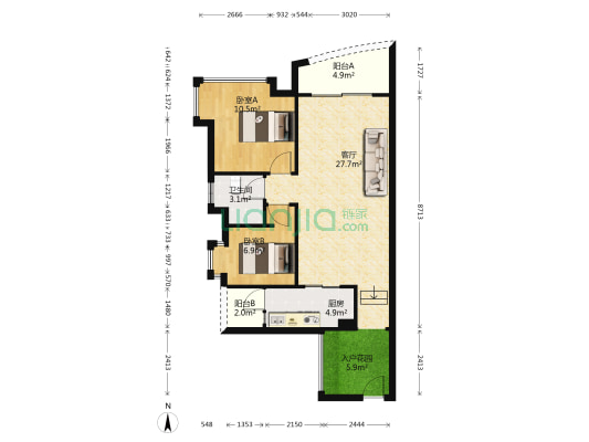 东田丽园 2室1厅1卫 76平方