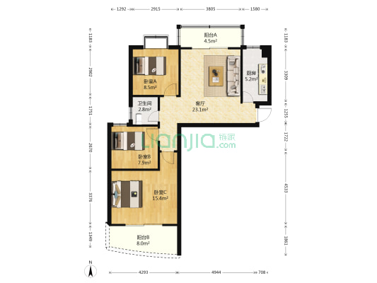 盛景黄山 3室1厅1卫 92平方