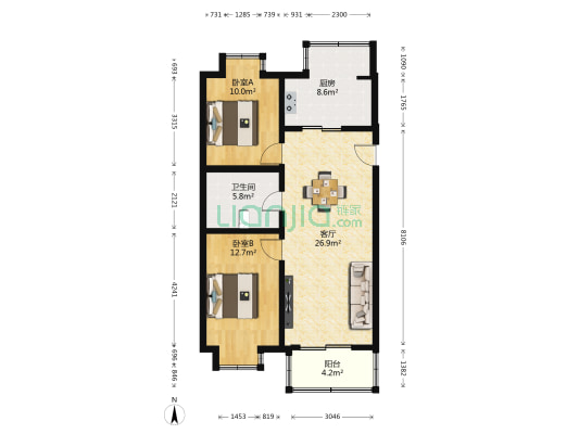 清岚花园汉民区 2室1厅1卫 87平方