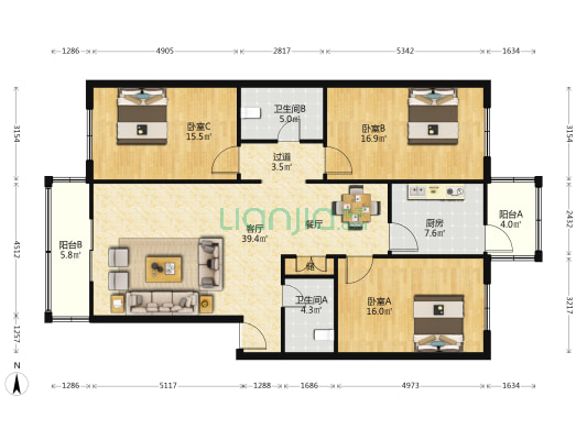 嘉德园 3室1厅2卫 140平方