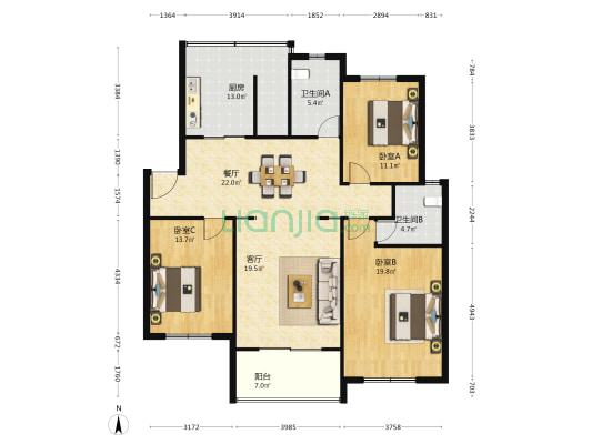 华汇公寓 3室2厅2卫 136平方