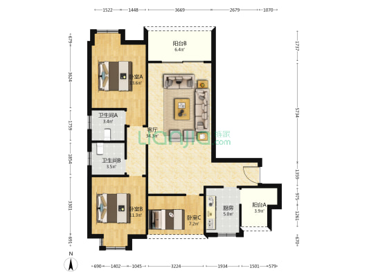 皇城上品 3室1厅2卫 105平方