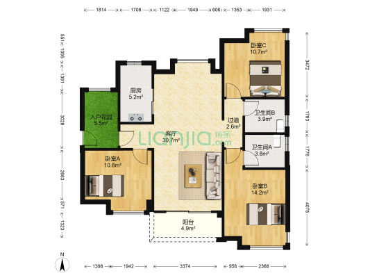 亚运城天成 3室1厅2卫 116平方