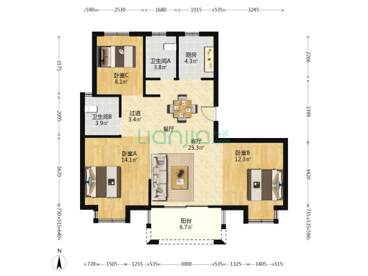 新兴岚湾二期 3室1厅2卫 110平方