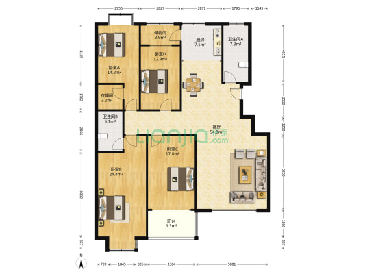 虞河路3186号 4室1厅2卫 181平方