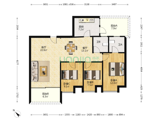 蓝色海岸 3室2厅2卫 90平方