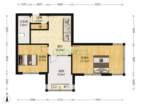 田家花园B区 2室1厅1卫 69平方