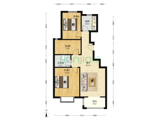 南北通透三居 精装自住标准 诚心出-户型图