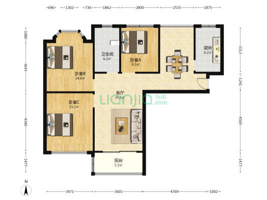 双湖壹品 3室1厅1卫 115平方