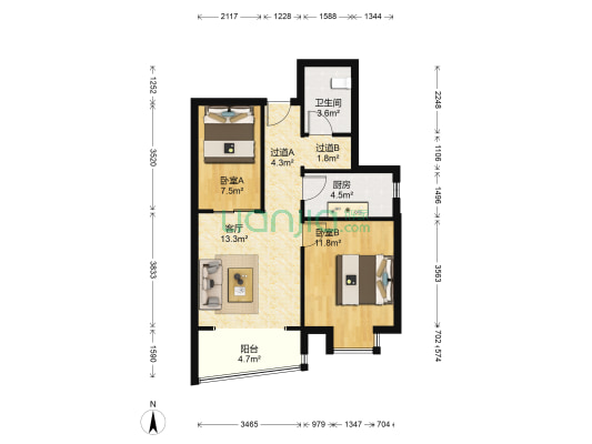 中原新城新天地小区 2室1厅1卫 69平方