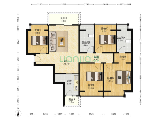 坡博家园三区 4室1厅2卫 125平方