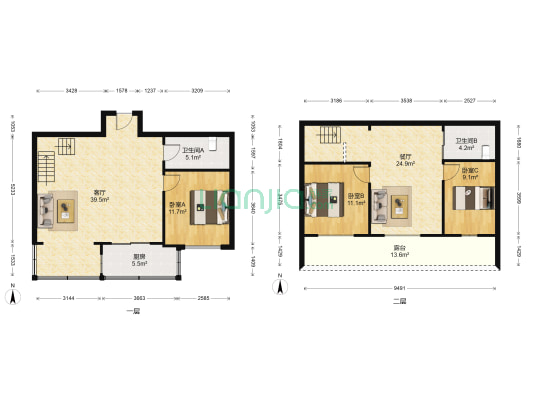 富贵山莊B区 3室2厅2卫 127平方