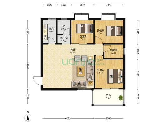 东方新天地 3室1厅2卫 120平方