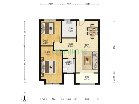 保利中心三区 2室1厅1卫 97平方