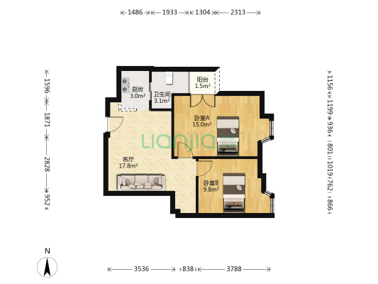 豪丰园 2室1厅1卫 64平方