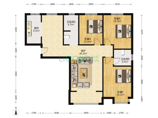 九裕龙城 3室1厅2卫 138平方
