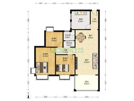 银泰红城 3室2厅2卫 98平方