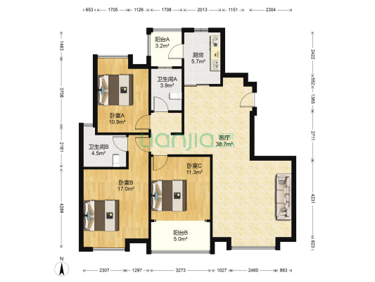 天润城第九街区 3室1厅2卫 125平方