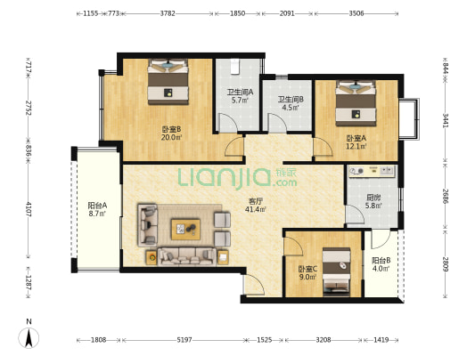 城市花园二期 3室1厅2卫 121平方