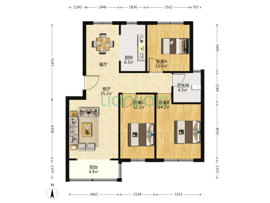 炎黄国际花园 3室1厅1卫 110平方