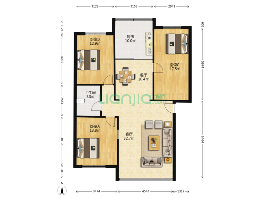 南岭小区 3室2厅1卫 124平方