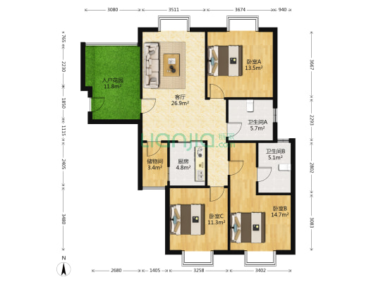 明秀城 3室1厅2卫 128平方