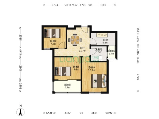 华川家园 3室1厅1卫 77平方