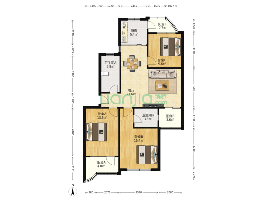 绿洲小区(嘉定) 3室1厅2卫 107平方
