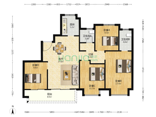 王宅锦园 4室1厅2卫 140平方