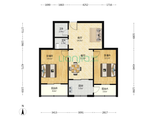 临潼饭店家属院 2室2厅2卫 90平方
