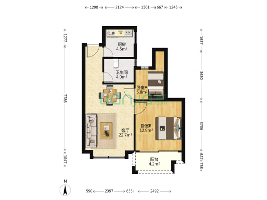 观源河畔 2室1厅1卫 76平方