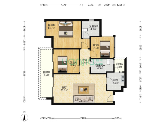 广汇御园 3室1厅2卫 95平方