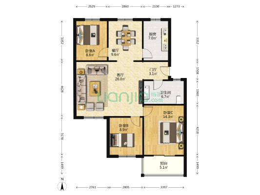 泾渭苑一区 3室2厅1卫 109平方