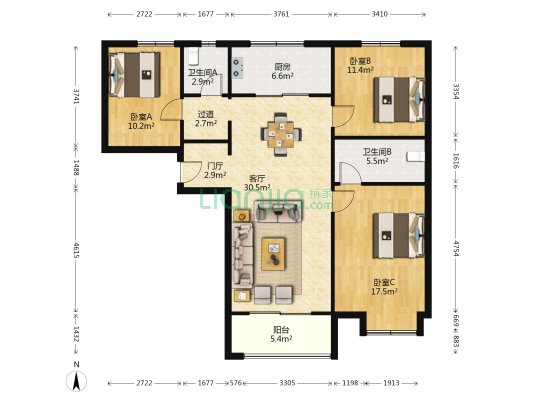 万科翡翠国宾C地块 3室1厅2卫 131平方