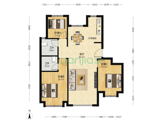 中海·熙岸 3室1厅2卫 104平方