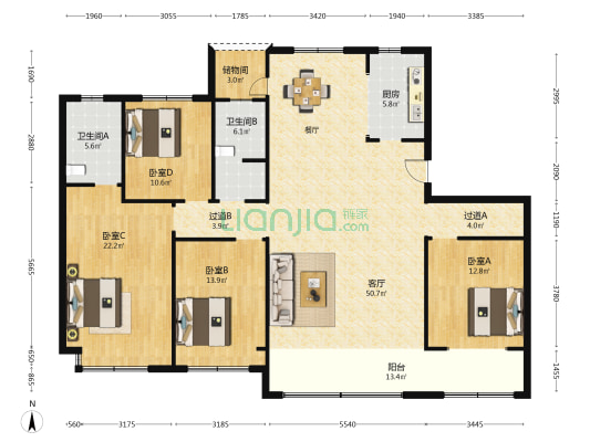 海创壹号 4室1厅2卫 185平方