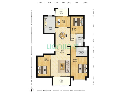 美的梧桐庄园 4室1厅2卫 129平方